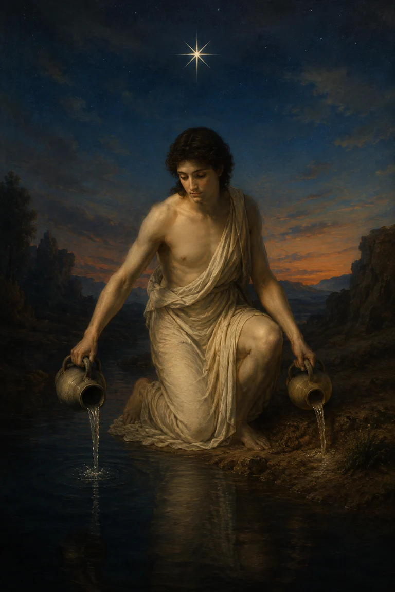 A draped figure pouring water into a still pool beneath a star.