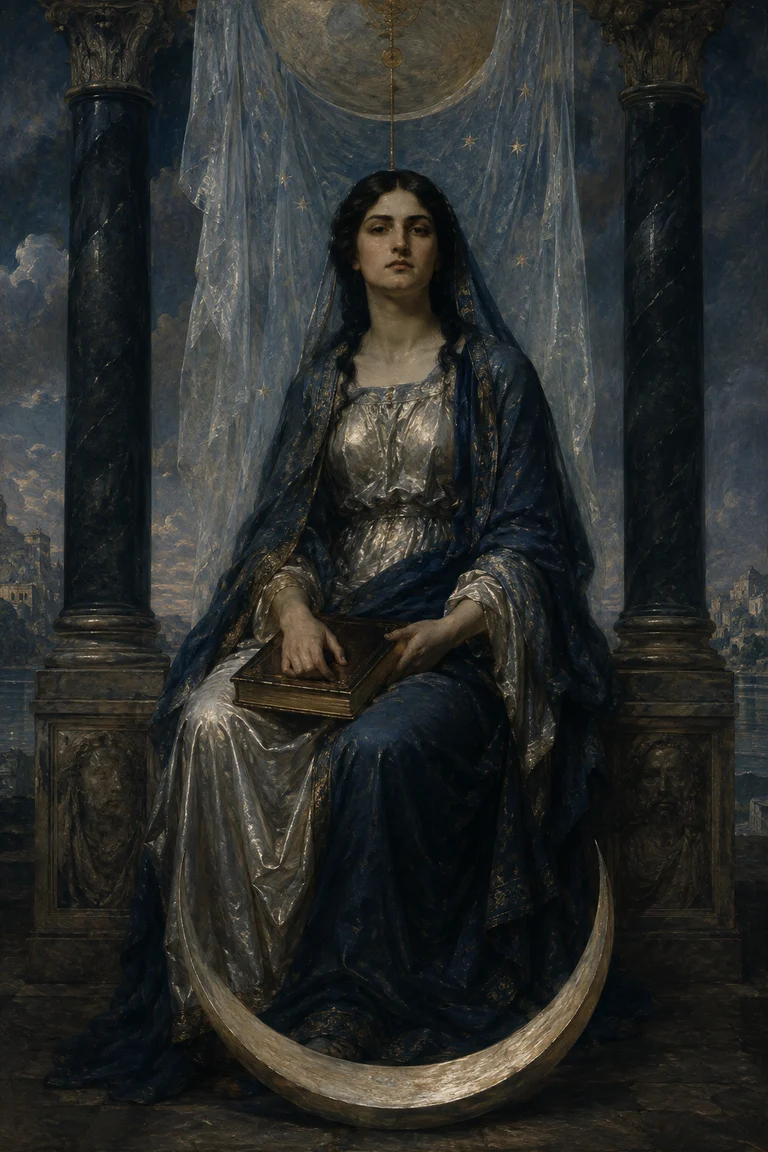 A seated keeper of a closed book between stone pillars and a translucent veil.